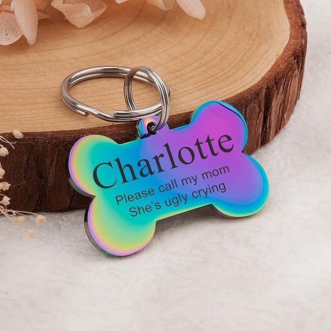 Anavia Personalized Pet ID Tags, Stainless Steel Glossy Laser Engraved Dog Cat Collar Name Tags, Multiple Colors Shapes Sizes (Bone, Regular)