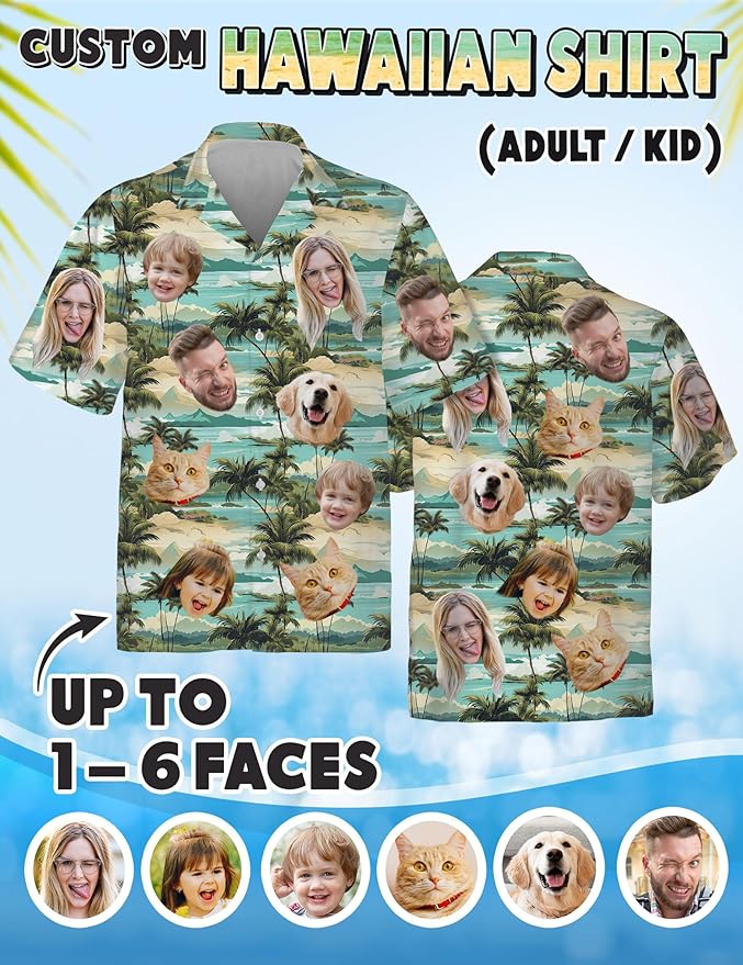 Custom Hawaiian Shirt with Face Photo Picture for Men Women Kids Youth Adult, Tropical Personalized Hawaiian Shirts Gift