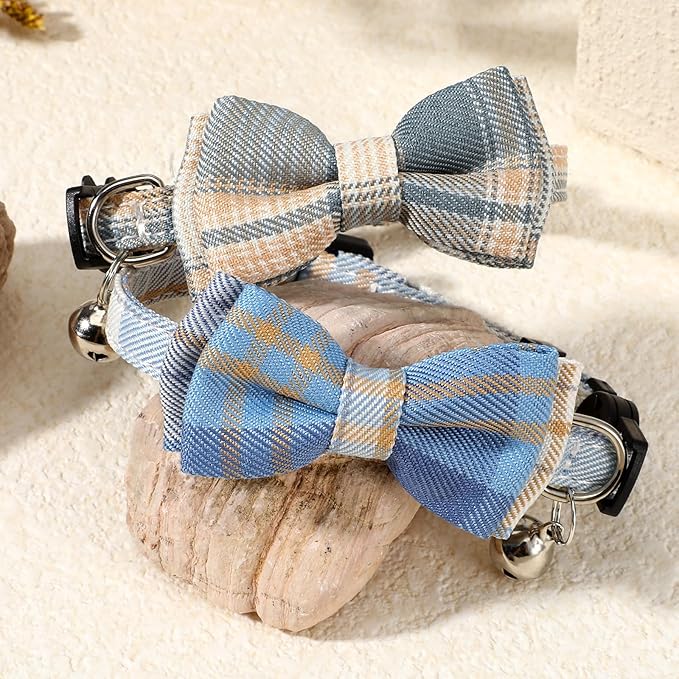 2 Pcs Cat Collar Breakaway with Bell and Bowtie - Adjustable Cat Bow Tie - Plaid Kitten Collar for Small Pets