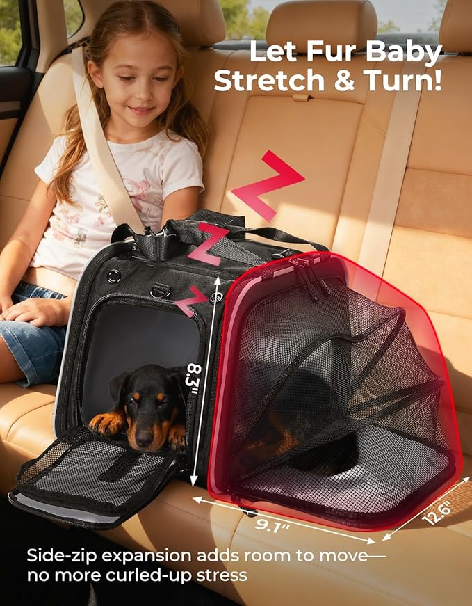 KEMIMOTO Motorcycle Dog Carrier Expandable, Airline Approved Pet Carrier Shoulder for Small Dogs & Cats Under 17 lbs, 18x11x11 Inch Soft-Sided Travel Bag, Folding & Portable for Cruiser Touring
