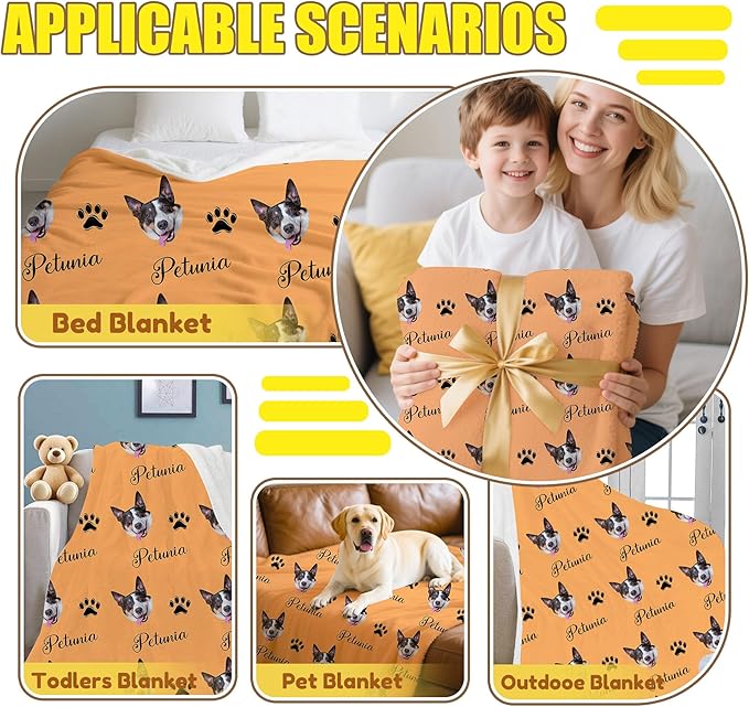 Personalized Paw Print Dog Blanket with Pet Name Face-Custom Puppy Blankets with Picture for Dogs-Customized Dog Memorial Throw Fleece Blanket-Loss of Pets Supplies Sympathy Gift for Bed Sofa Travel