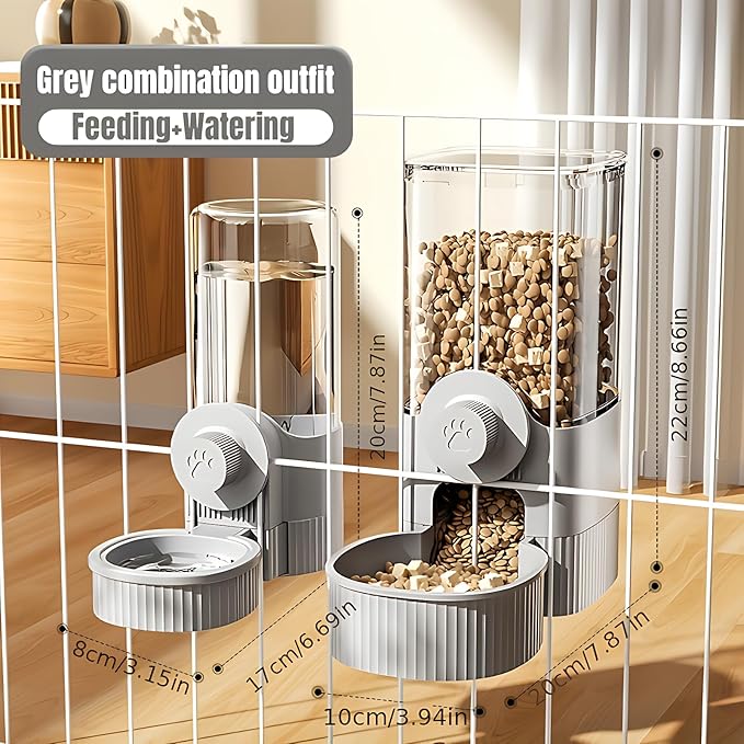 GPY Automatic Hanging Gravity Pet Feeder and Water Dispenser Set ，Automatic Rabbit Feeder and Dog Water Dispenser for Dogs Cats Pets Animals Large Capacity (Blue Water Feeder&Food Feeder) (Grey)