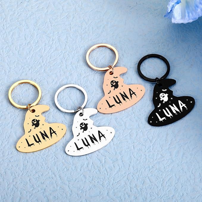 Custom Magic Hat Pet ID Tag for Dogs Cats, Personalized Engraved Name & Phone Number Anti-Lost Collar Tag, Halloween Spooky Accessory Gift for Dog Mom Owner, Witch-Friendly Cat Dog Tag for Pet Lovers
