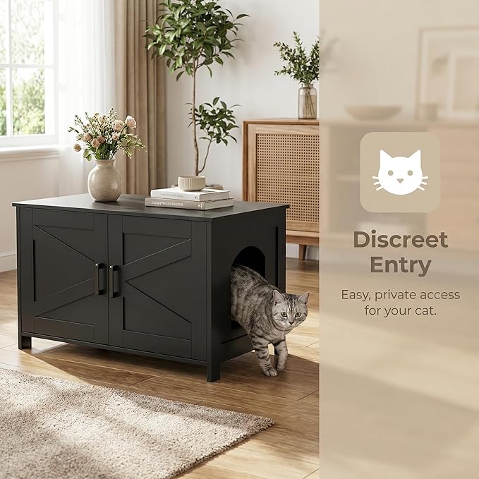 Homhedy Cat Litter Box Enclosure, Wooden Cat Washroom Furniture with Barn Door, Pet House, Fit Most of Litter Box, Black