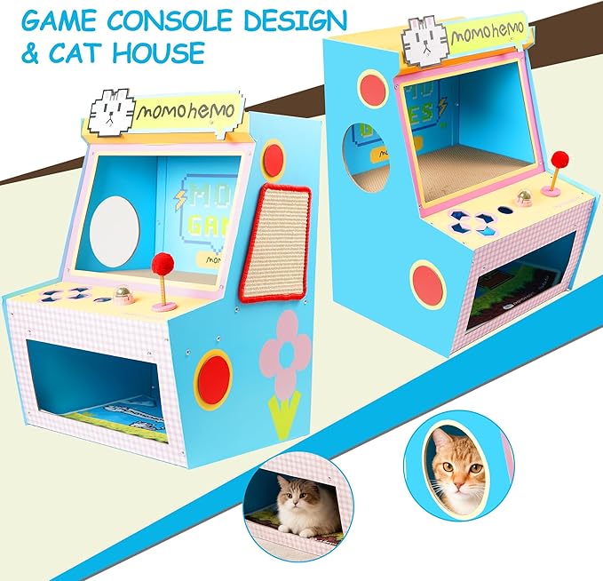 Cat House with Bed & Scratcher - Multi-Level Cat Activity Center Tower for Indoor Cats, Gaming Console Design Cat Condo with Sisal Scratching, Cat Scratcher & Mat, Cardboard Tree & Toys