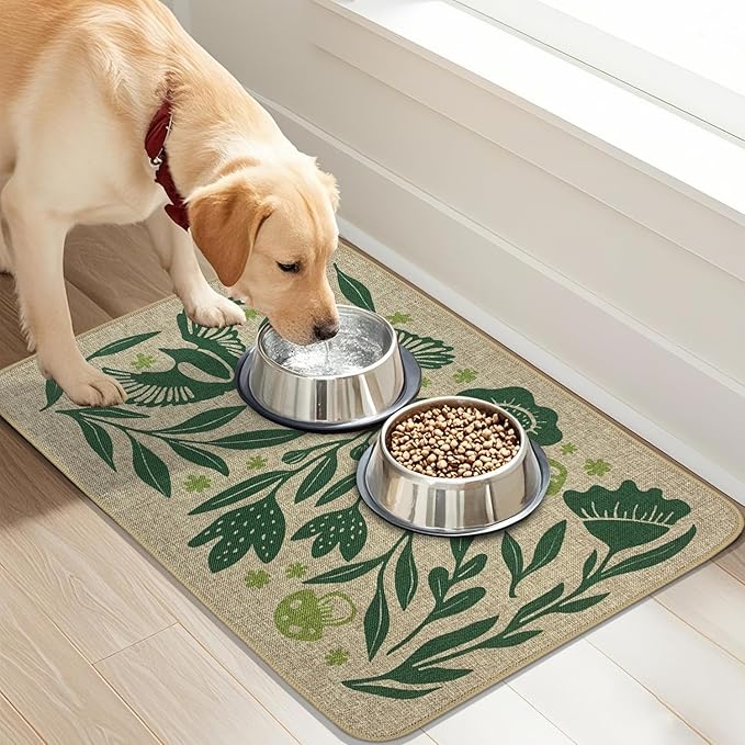 SHIYUE Dog Food Mats for Floors, Absorbent Cat Bowl for Food and Water, Non-Slip Accessories Pet Supplies(17"x30",Green Flower Bird)