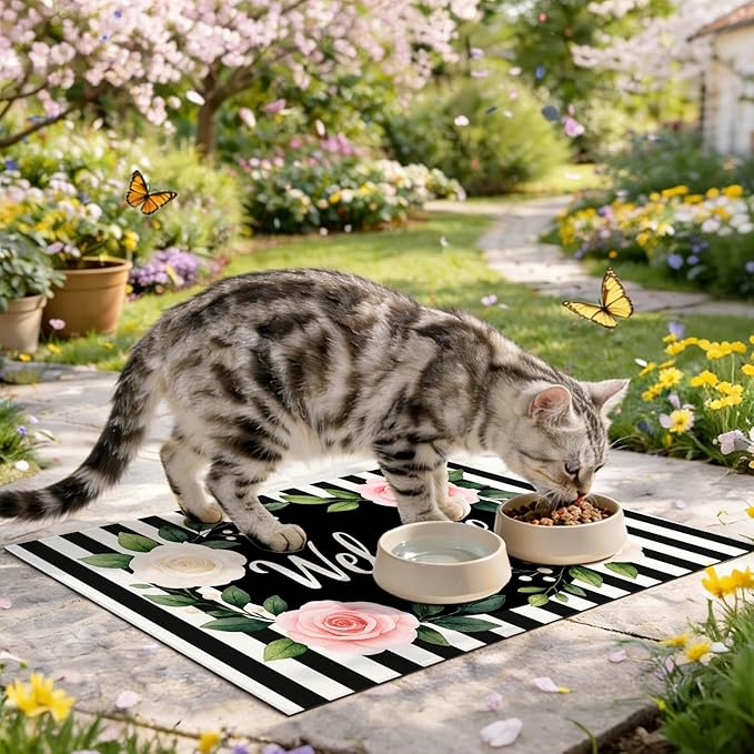 Pet Feeding Mat 24" x 16" Floral Stripe Welcome Design Non Slip Dog Food Mat and Cat Food Mat Easy Clean Puppy Feeding Mat for Indoor Cats Large Pet Food Mat for Food Bowls