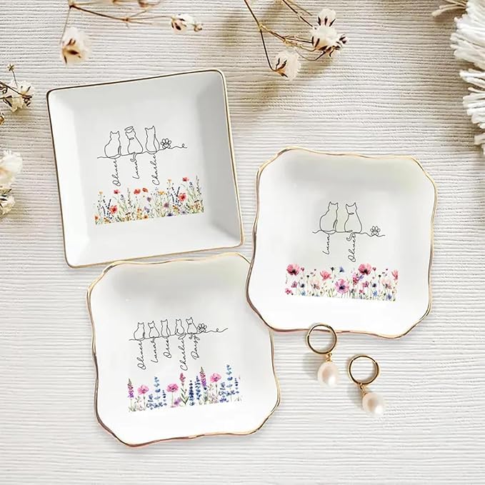 Personalized Pet With Name Jewelry Dish, Custom Cat Floral Ring Dish, Kitty Lover Gift, Unique Cat Lover Presents, Gifts For Kitten Owner Pet Lover, Decorative Trinket Holder for Vanity