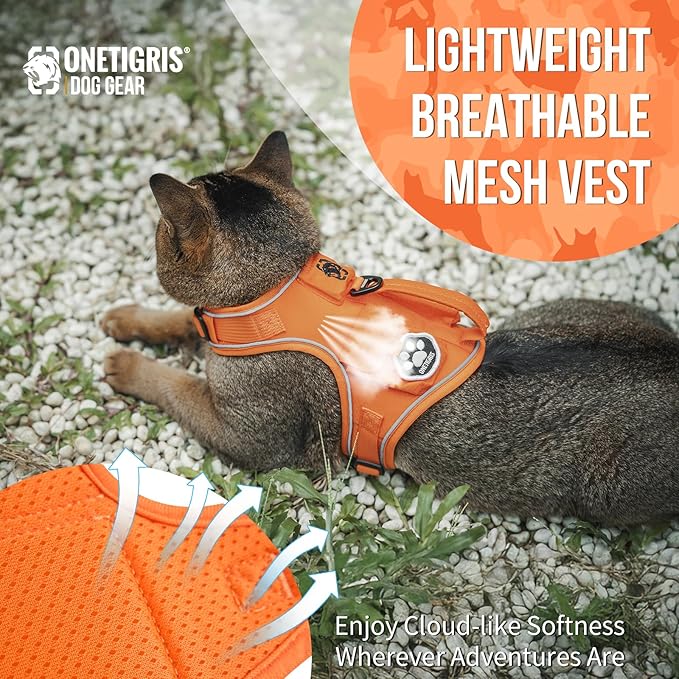 OneTigris Cat Harness and Leash - Escape Proof Soft Adjustable Kitten Harness, Breathable, Comfortable, Durable Water-Resistant Tactical Vest with Reflective Strips and Pocket for Cat Tracker