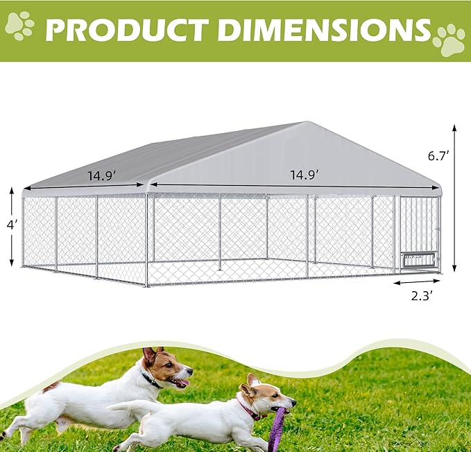 15FTx15FT Outdoor Dog Kennel with Roof, Outside Dog Run Fence with Rotated Dog Bowls, Large Dog House Pen Enclosure with Secure Lock&Textilene Door