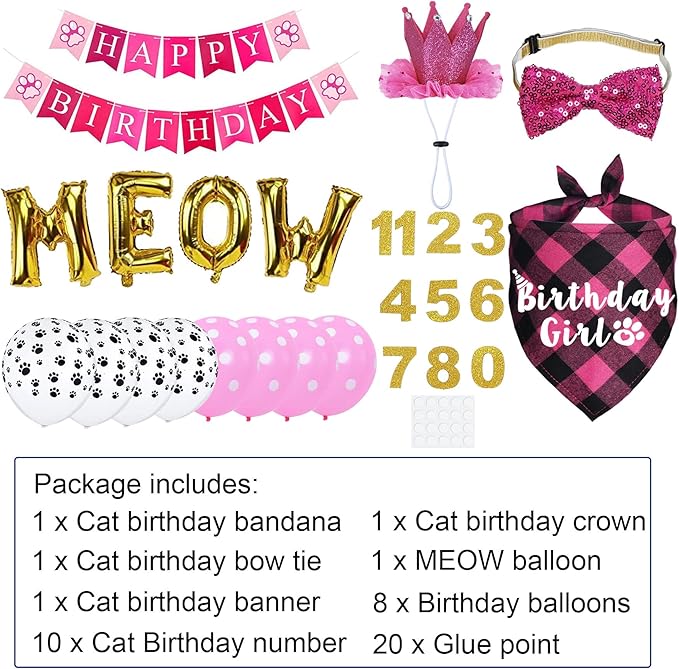 Cat Birthday Party Supplies, Cat Birthday Hat Crown with Number Bandana Bow Tie Banner Balloons Meow Balloons for Cats Kittens Decorations