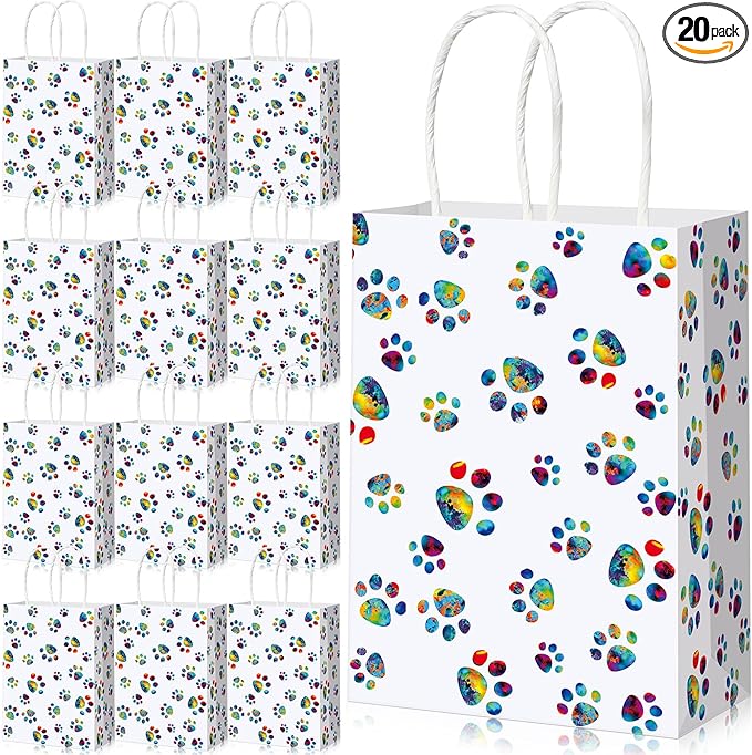 Blulu 20 Pcs Puppy Dog Paw Gift Bags with Paper Twist Handles, Dog Gift Paper Paw Treat Goodie Bags for PET Treat Party Favor, 6.3 x 3.1 x 8.6 Inch(Dazzling Paws)