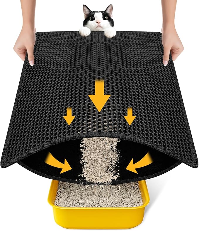 Cat Litter Mat, Upgrade Super Waterproof Back Layer Litter Box Mat, Non Slip, Durable, Soft on Paws Kitty Trapping Matt (24"x18", Black)