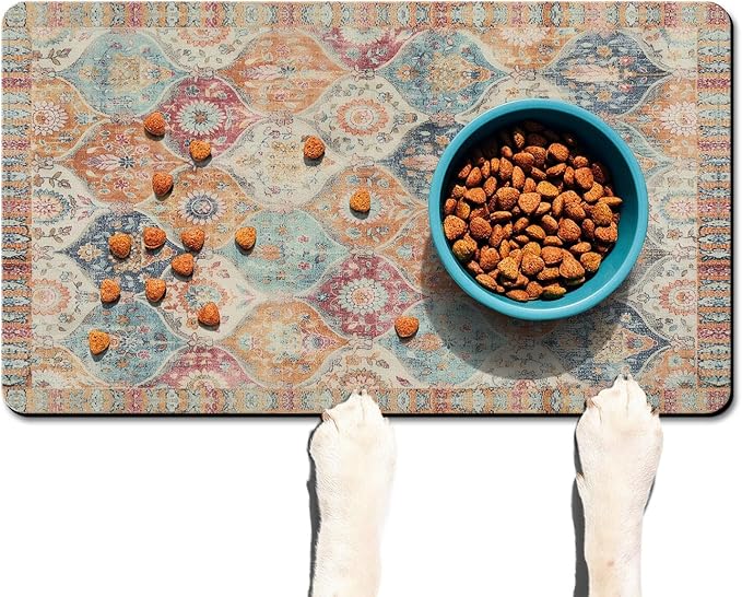 Moroccan Trellis Dog Food & Water Mat, Mexican Talavera Boho Colorful Pet Feeding Mat for Floor Non-Slip Waterproof, Super Absorbent Cat Bowl Mat, Easy to Clean Durable Pet Placemat,17" × 30"