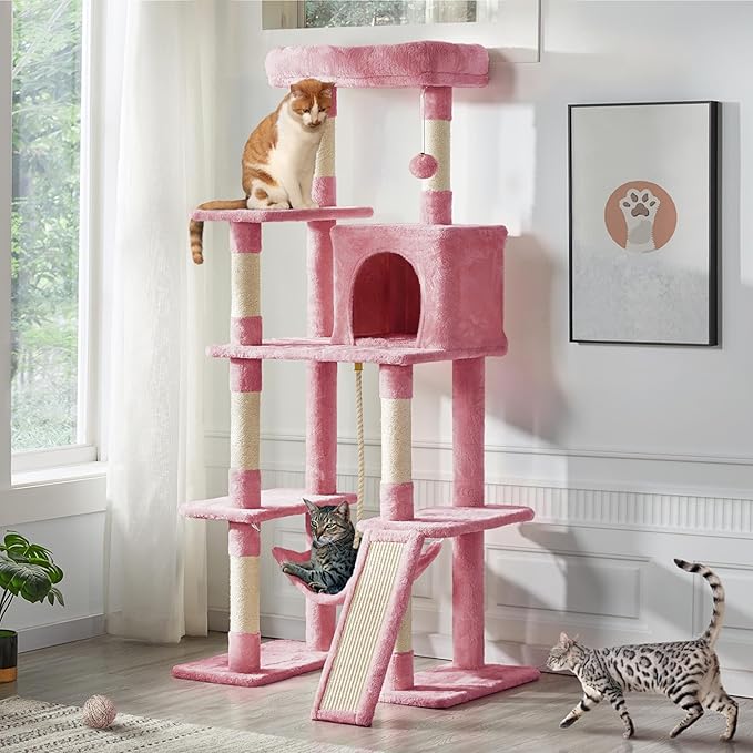 Yaheetech Cat Tree Cat Tower, 63in Multi-Level Kitten Tree w/Sisal-Covered Scratching Posts & Condo, Pet Furniture Activity Center for Kitty, Pink