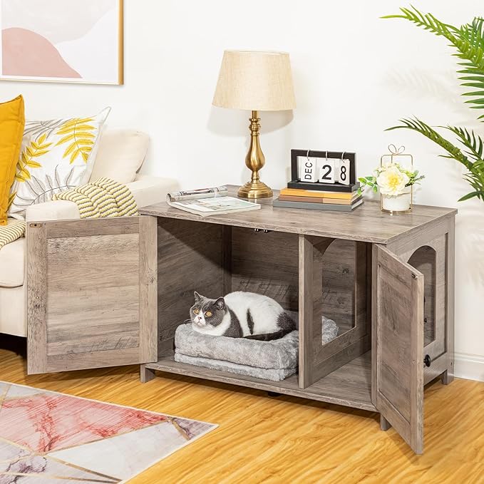 HOOBRO Litter Box Enclosure, Cat Litter Box Furniture with Removable Divider, Large Hidden Litter Box Furniture, Wooden Cat House, End Side Table, 31" L x 17.5" W x 19.7" H, Greige BG03MW01G2
