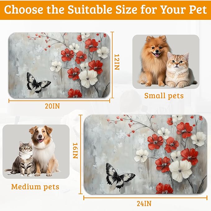 ButterflyFlowers Dog Cat Food Mat,Red White Absorbent Waterproof Placemat for Food and Water Non Slip Rubber Backing Durable Feeding Pad for Clean Floors 12" x 20"