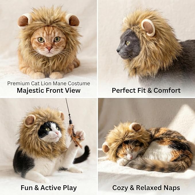 Adjustable Lion Mane Wig Pet Costume, Soft Halloween Cat Clothing with Secure Fit, Comfortable Feline Apparel for Parties, Fun Photo Sessions with Adorable Cat Costumes (Size M)
