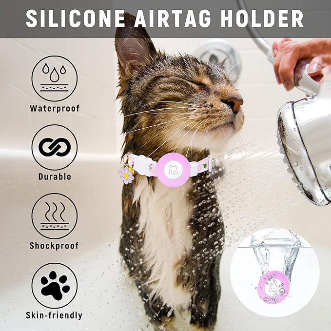 Airtag Cat Collar, JXFUKAL Kitten Collar Breakaway with Silicone Airtag Holder, Bells & Flower Charm for Girl Cats Boy Cats Small Dogs(Purple)