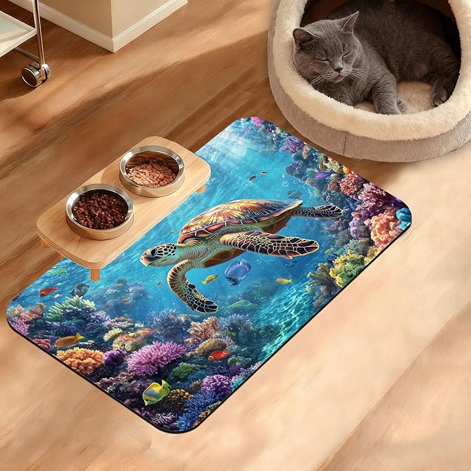 Sea Turtle Dog Cat Food Mat,Colorful Coral Absorbent Waterproof Placemat for Food and Water Non Slip Rubber Backing Durable Feeding Pad for Clean Floors 12" x 20"
