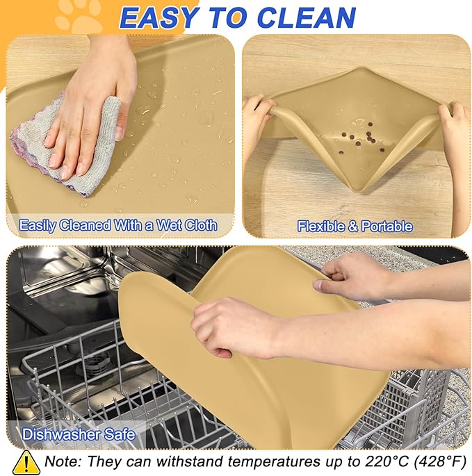 Silicone Pet Feeding Mat with Raised Edge for Food and Water, Dog Bowl Mats, Cat Bowls Placemat with High Lip for Floor Waterproof, Rubber Tray for Cats and Dogs 24 x 16 x0.8 Dark Beige