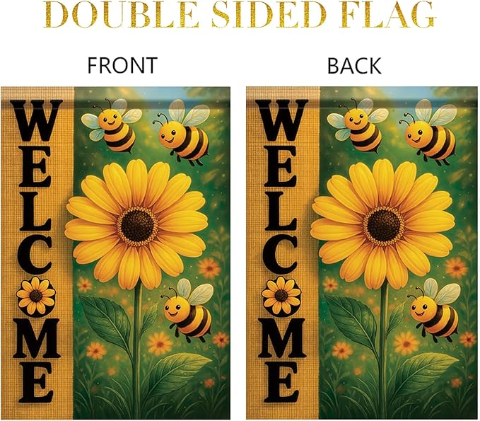 Spring Summer Garden Flag Bee Sunflower Flag 12x18 Inch Double-Sided Cute Welcome Yard Banner Floral Outdoor Decor for Porch Lawn Pathway Cottage Farmhouse Gift