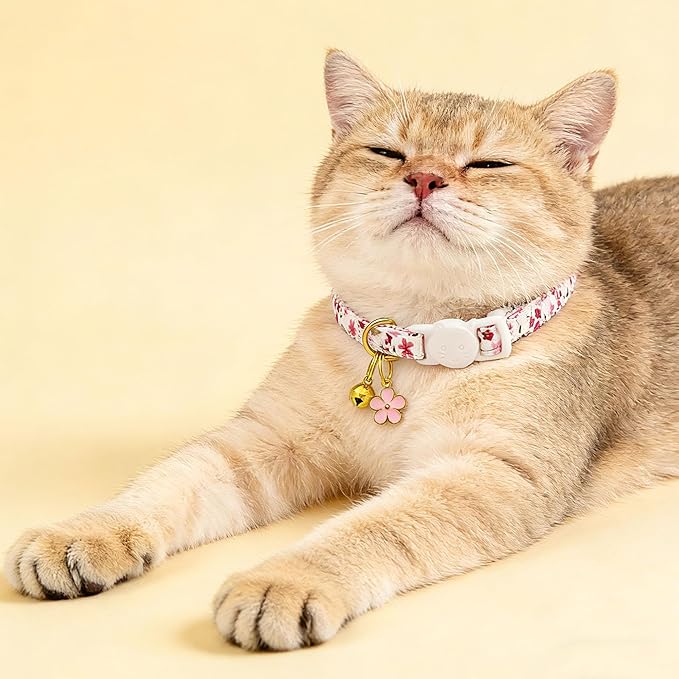 2 Pack Cotton Breakaway Cat Collars Set with Bell and Flower Pendant, Cute Floral Fruit Patterned, Adjustable 7.5-11Inch, Include A Mouse Toy Gift (Vintage+ Small Pink Flower)