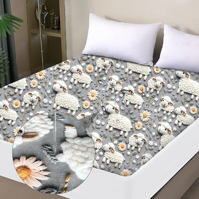 Ohano 5D Stereo Effect Waterproof Mattress Protector Queen, Fitted Sheet Style Breathable Mattress Cover with Deep Pocket Fits Up to 18'', Machine Washable Noiseless Bed Cover (5D Sheep, Queen)