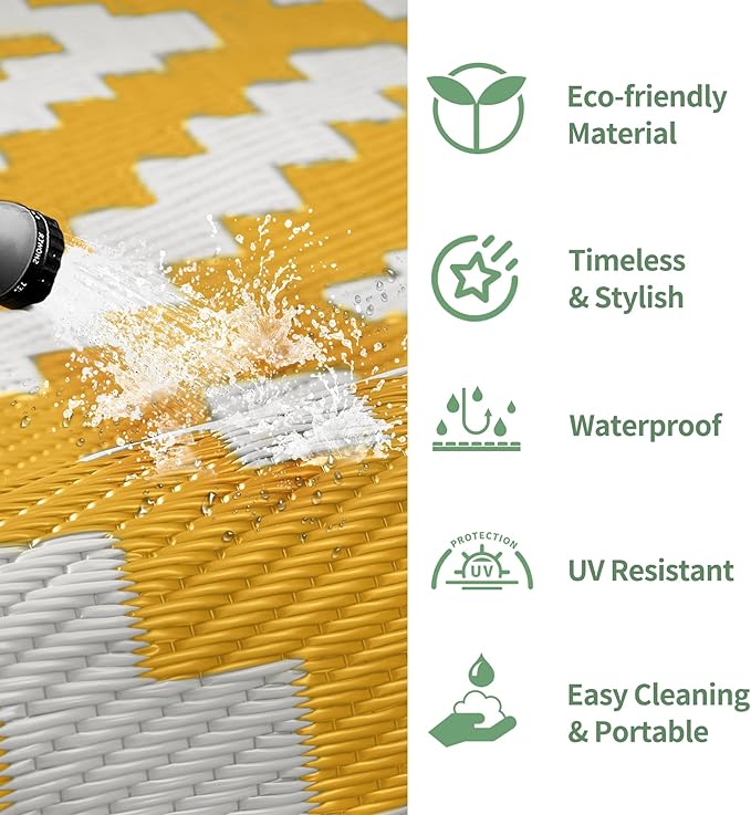 GENIMO Outdoor Rug for Patio Clearance, 6'x9' Reversible Plastic Straw Rugs, Lightweight Waterproof RV Camping Mat for Camper, Balcony, Deck, Backyard, Picnic, Yellow & Beigewhite