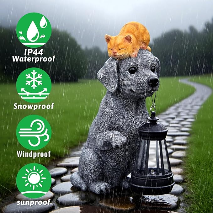 ILLUMINEW for Mom – Solar Dog Garden Statues with Lantern and Sleeping Cat, Resin Pet Figurine Light for Outdoor Yard Decor, Gift for Women Grandma