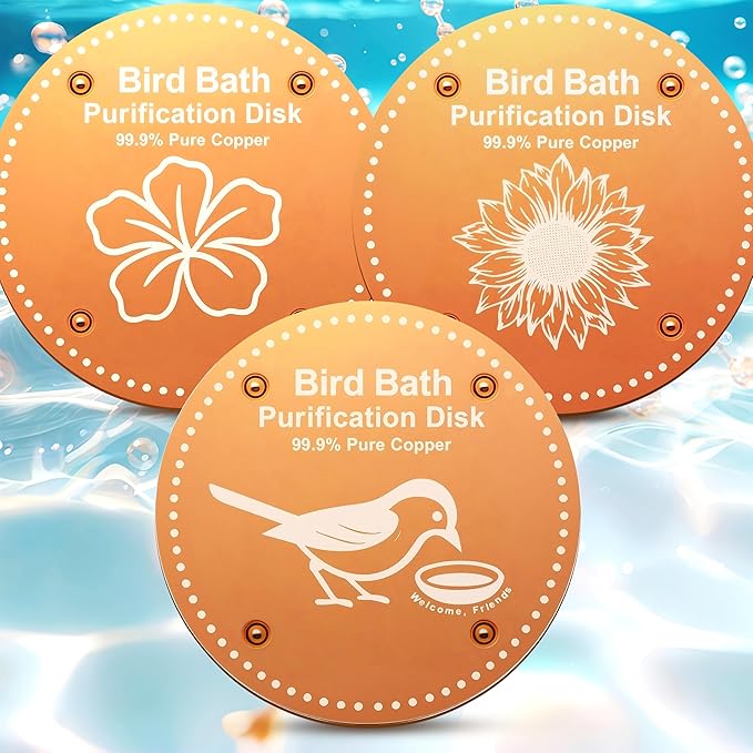 Bird Bath Purification Disk Pure Copper Outside Winter Solar Power Birdbath Heater Deicer Cage Hanging Bowl Metal Warmer Deck Railing Glass Concrete Ceramic Stone Stand Outdoor Fountain 3PCS