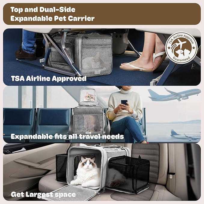 Top and 2 Sides Expandable Cat Carrier 17x11x11, TSA Airline Approved Dog Carriers for Medium Dogs, Soft-Sided Pet Carrier with Self-Locking Zippers for Kitten,Rabbit, Puppy, Guinea Pig Grey