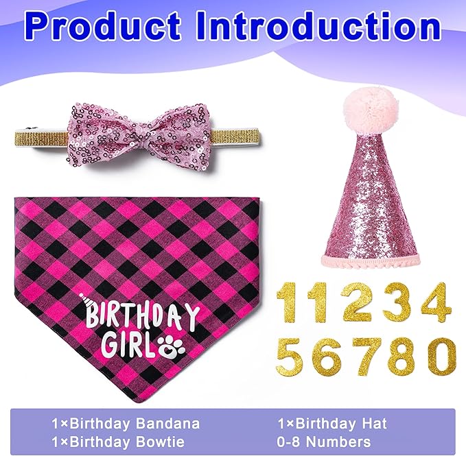 Dog Birthday Party Supplies Decorations with Dog Bandanas/Birthday Hat/Bow Tie Collar with 0-8 Numbers, for Medium Small Dogs Pets (Large, Pink)