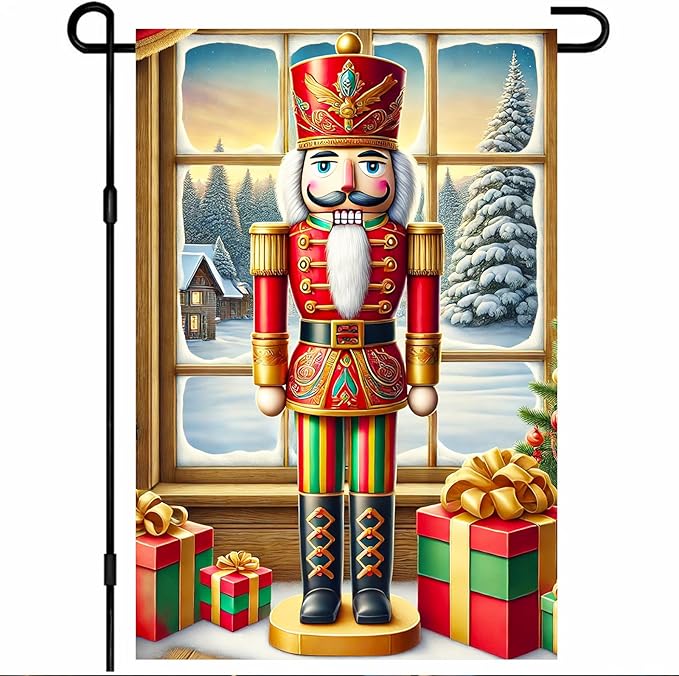 Christmas Garden Flag 12x18 Inch Nutcracker Soldier Decor Gift Box Snowy Pine Cottage Winter Forest Red Green Gold Classic Holiday Yard Lawn Outdoor Fence Decoration Tree Ornament Display