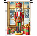 Christmas Garden Flag 12x18 Inch Nutcracker Soldier Decor Gift Box Snowy Pine Cottage Winter Forest Red Green Gold Classic Holiday Yard Lawn Outdoor Fence Decoration Tree Ornament Display