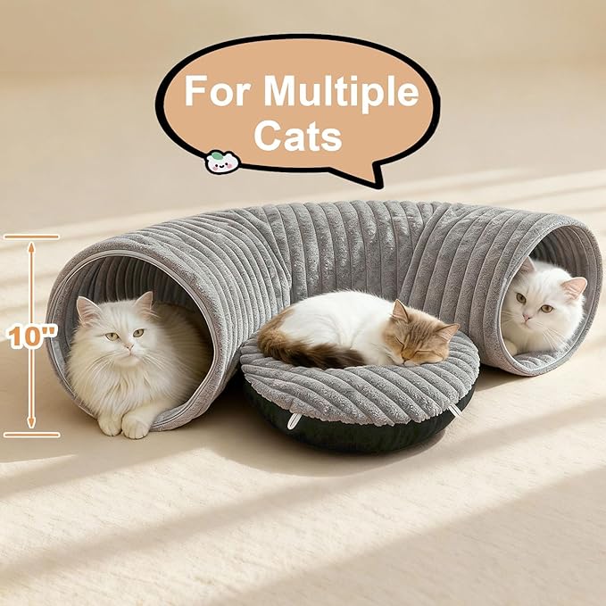 Cat Tunnel Bed for Indoor Cats, Peekaboo Cat Cave Bed,Soft Cat Donut Tunnel for Kitten Large Cats, Grey