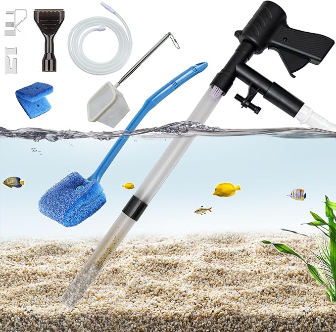 Carefree Fish Aquarium Gravel Cleaner 15~30In with 6Ft Water Hose Fish Tank Water Changer Sand Vacuum with Skimmer Net and Long Handle Sponge Brush Algae Scraper