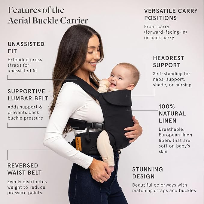 WildBird - Aerial Buckle Carrier - 2-24 Months - Large (L-4XL) Raven - Front or Back Carry - Cross Straps, Lumbar Support, Headrest - Hip Healthy - Baby Carrier - Baby Essentials - New Mom Gifts