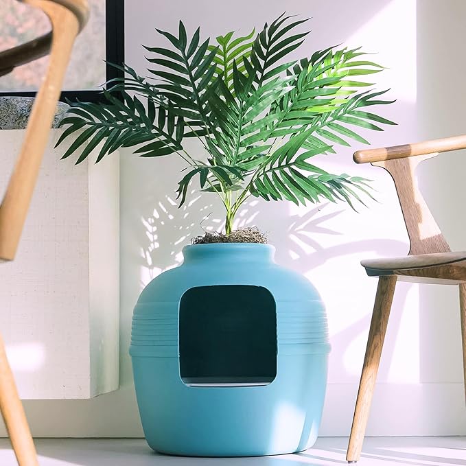 Good Pet Stuff Hidden Litter Box Planter, Decorative Cat Litter Enclosure with Carbon Filter, Artificial Plant, Easy Clean, Indoor Design, Original Round Style, Essentials Kit, Caribbean Blue