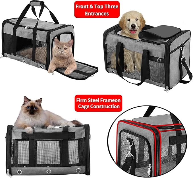 Soft Sided Cat/Dog Carrier，Collapsible Mesh Pets Travel Carriers for Pet/Puppy with Shoulder Strap & Removable Mat，Top Load Small Dogs/Cats Carry Bag Up to 25 Lbs（Grey - L）