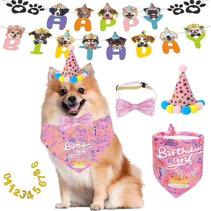 Happy Birthday Dog Party Supplies Kit - Dog Party Hat, Bandana, Bowtie & Happy Birthday Banner Decorations for Small Dogs, Puppy Birthday Outfit Accessories & Pet Birthday Party Decor (Pink)