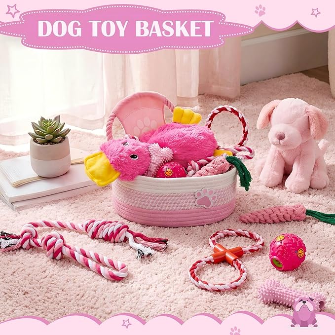 Zopeal Puppy Dog Toy Gift Storage Basket with Dog Toys Set Chew Toys Birthday Gift Basket Teething Interactive Squeaky Duck for Teething Small Medium Large Dogs(Pink)
