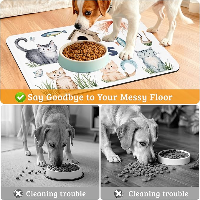 Cats Dog Food Mat,Cute Fun Absorbent Pet Feeding Mat for Food and Water Bowl,Quick Dry Dog Placemat Non Slip Rubber Backing Waterproof Pet Supplies 12" x 20"