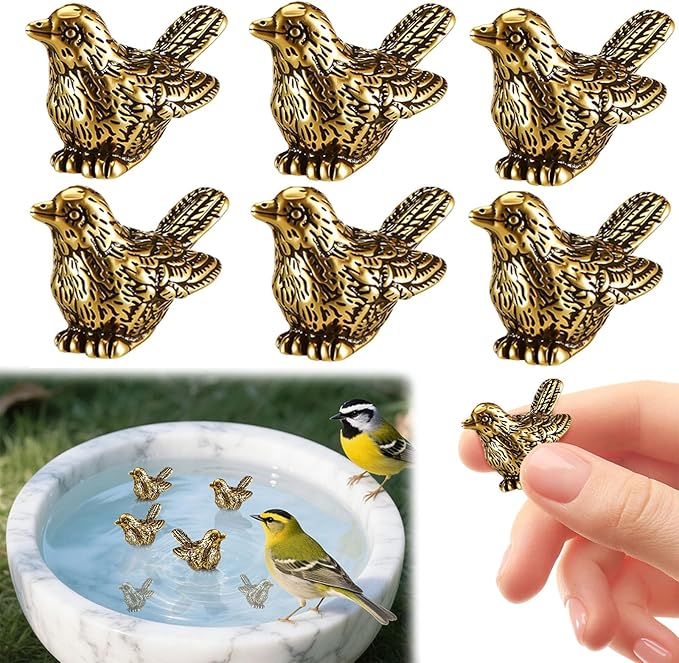 6 Pcs Copper Bath Disks Ornaments Mini Bird Shape, Retro Copper Birdbath Purification Cleaner, Fit for Outdoor Birdbaths, Bowls