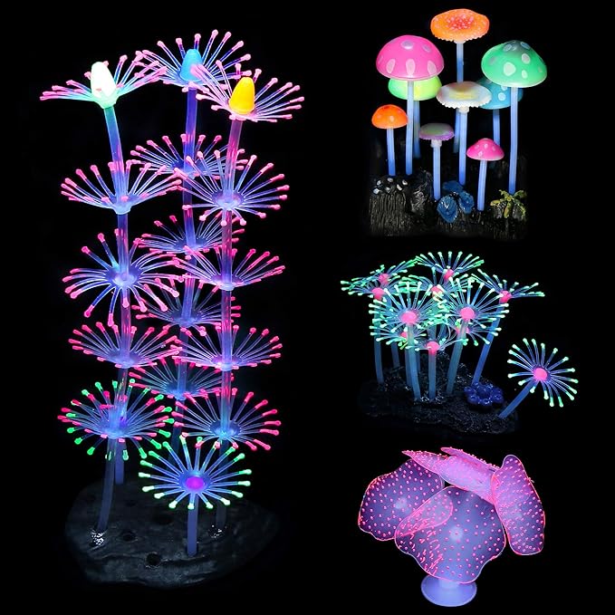 Lpraer 4 Pack Glow Aquarium Decorations Coral Reef Glowing Mushroom Anemone Simulation Glow Plant Glowing Effect Silicone for Fish Tank Decorations