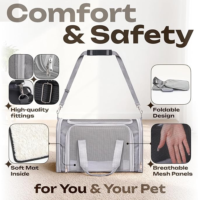 Pet Carrier for Cats, Rabbits, Guinea Pigs – Airline Approved Soft-Sided Travel Bag, Lightweight Dog Carrier, Ventilated & Foldable (Grey, Medium)