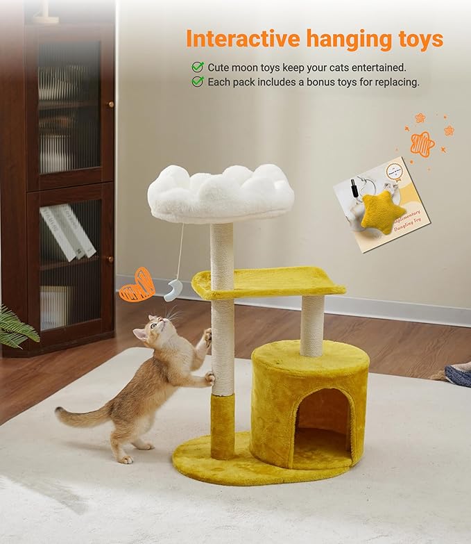 Happi N Pets Cat Tree, 33" Multi-Level Cloud Cat Tree Tower with Cozy Padded Bed & Large Condo for All Sized Cats, Featuring Scratching Posts, Viewing Perch & Toys, Stable Small Cat Tower