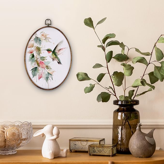 DILSJ Hummingbird Botanical Oval Wall Art Decor, Farmhouse Green Hummingbird Canvas Wall Art Framed, Watercolor Bird Hanging Decorations for Home Living Room Bedroom, 11x8.5 Inch