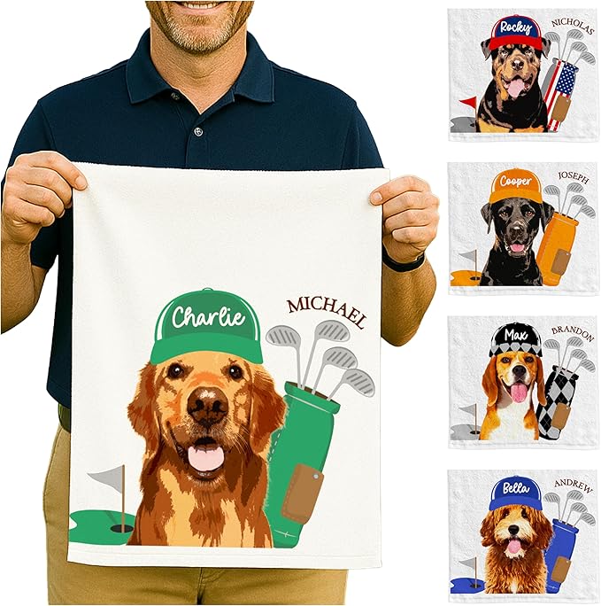 Custom Pet Golf Towel – Personalized Golf Club Towel with Your Dog or Cat Photo & Name – Unique Pet Lover Golf Accessory Gift for Golfers & Pet Owners – Christmas, Birthday or Father’s Day Present
