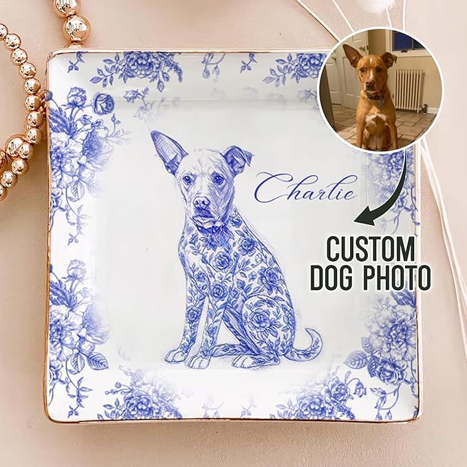 Custom Puppy Portrait Jewelry Dish, Toile De Jouy Pet Ring Dish, Personalized Dog Photo Present, Pet Mom Gift, Pet Lover Trinket Dish, Decorative Trinket Tray for Pet Lovers Home Decor